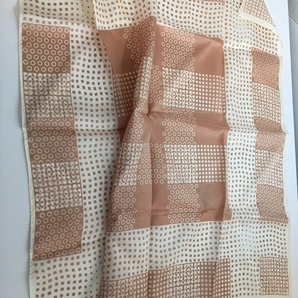 MCM Vintage Scarf Tan White Geometric Abstract 27 in Square Rolled Hem